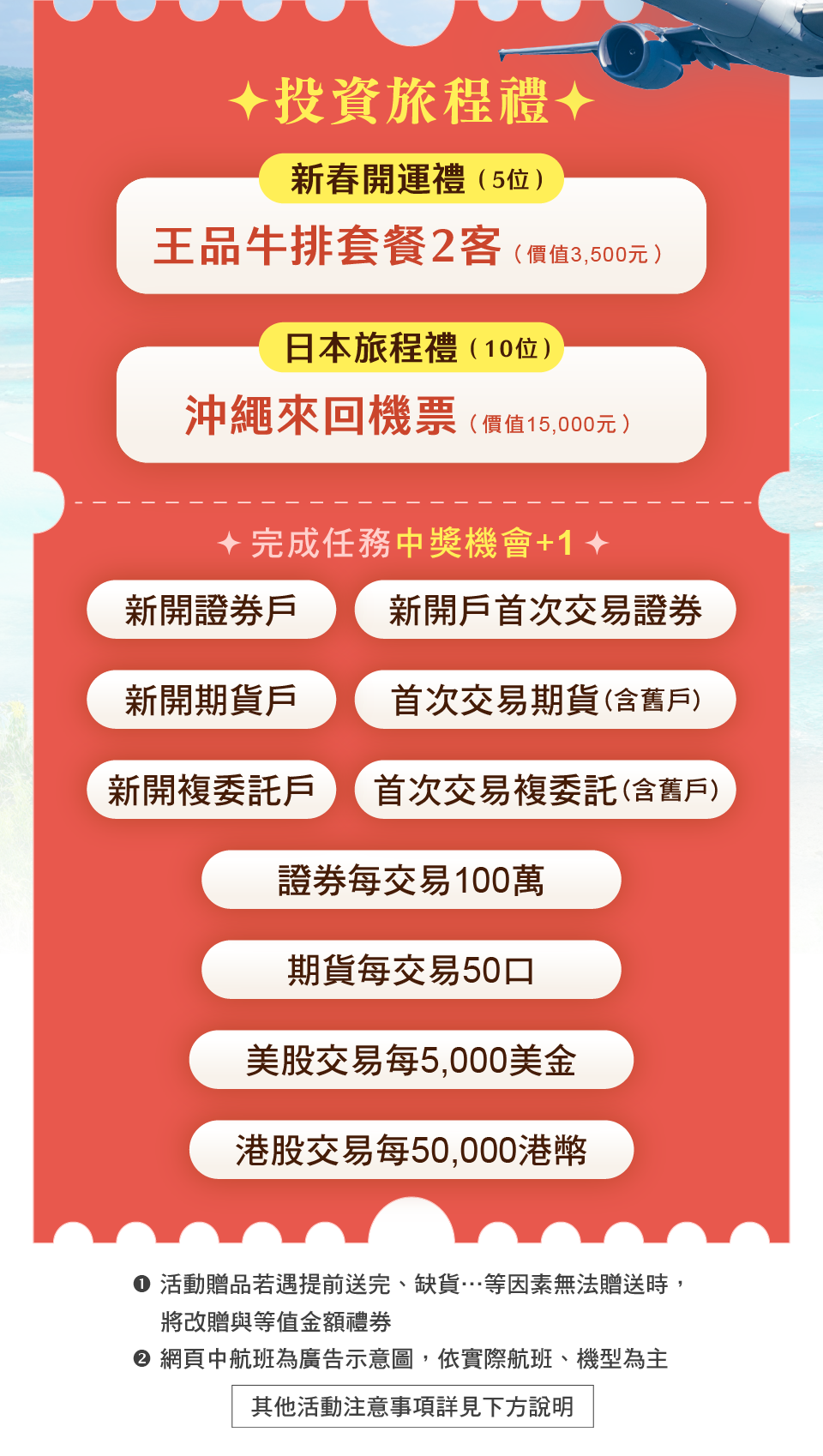 投資旅程禮 抽王品套餐及沖繩來回機票
